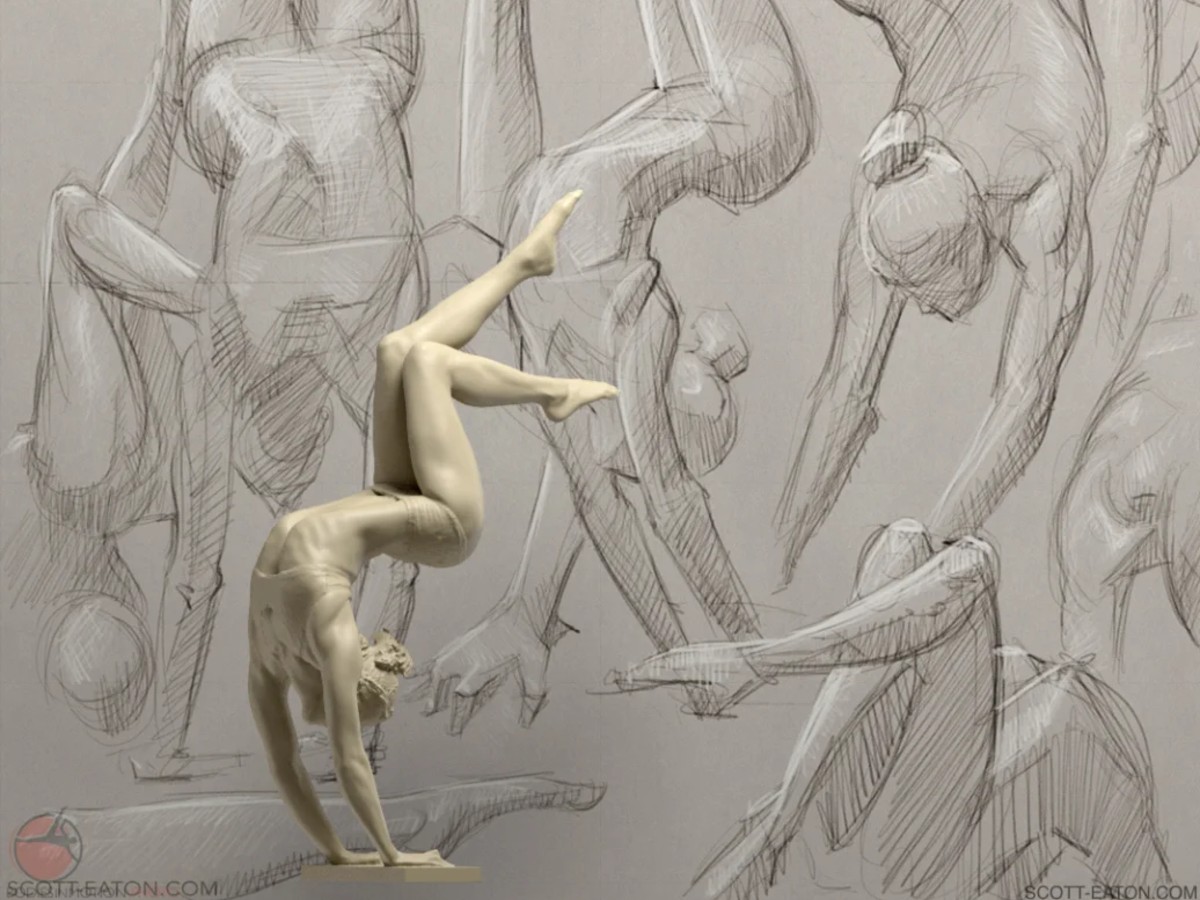 A white 3D scan mannequin in a handstand, surrounded by pencil studies of the pose drawn from multiple angles