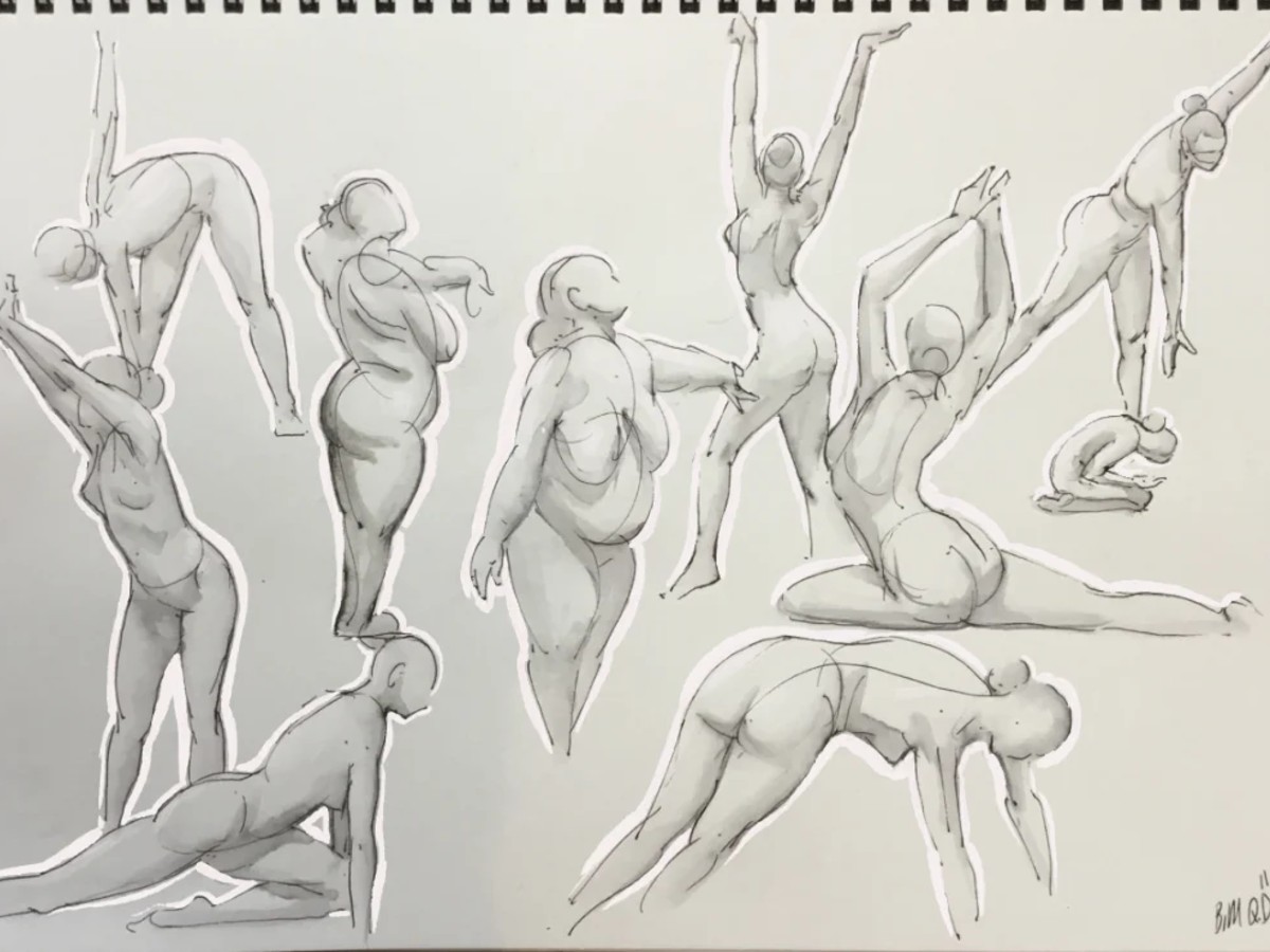 A sketchbook page of quick gesture drawings — many figures caught in varied dynamic poses