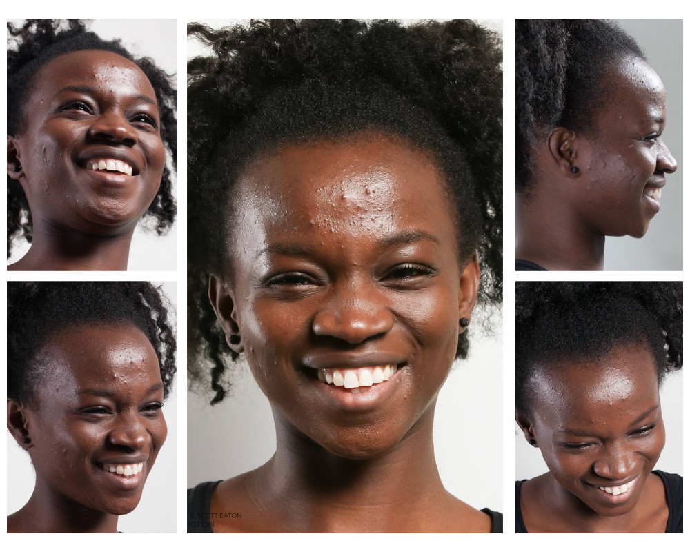 A grid of facial-expression reference shots of the same model from several angles