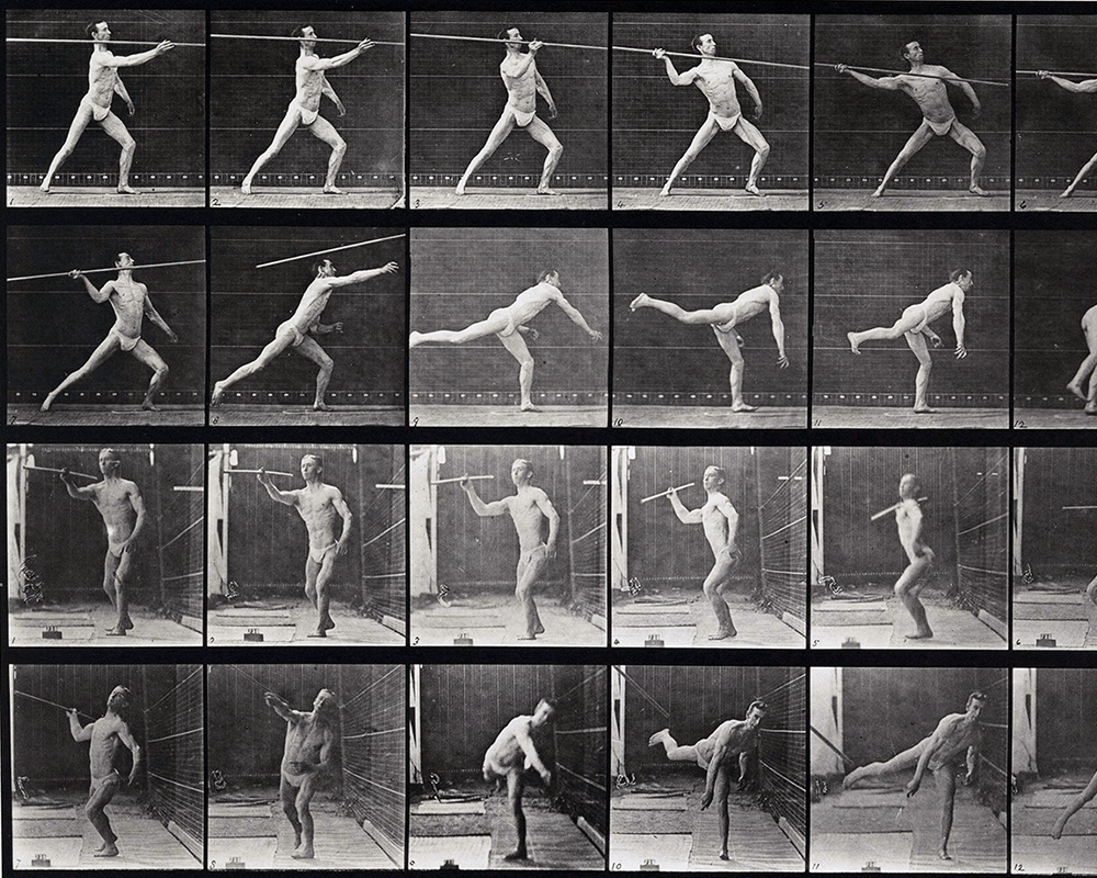 Black-and-white Eadweard Muybridge motion-study plates of a man throwing a javelin