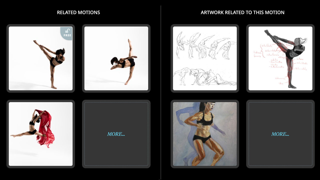 The viewer's Related Motions and related Artwork panels — thumbnails of other sequences and community artwork