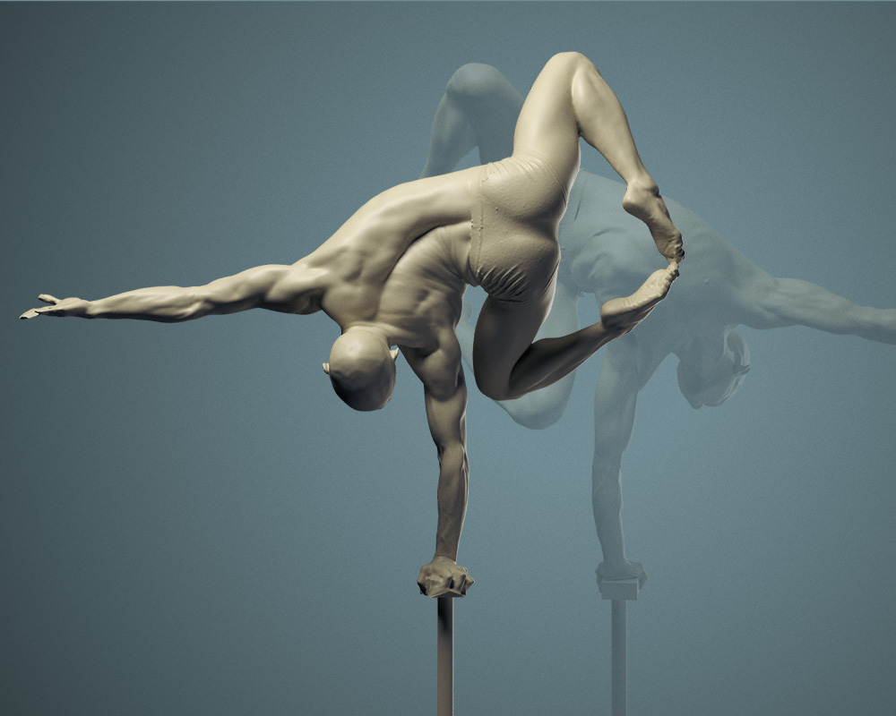 A greyscale 3D scan of a figure balancing on one hand, frozen mid-movement