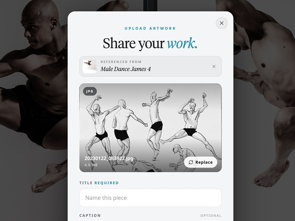The Share your work upload dialog, referencing Male Dance James 4, with title, caption and keyword fields