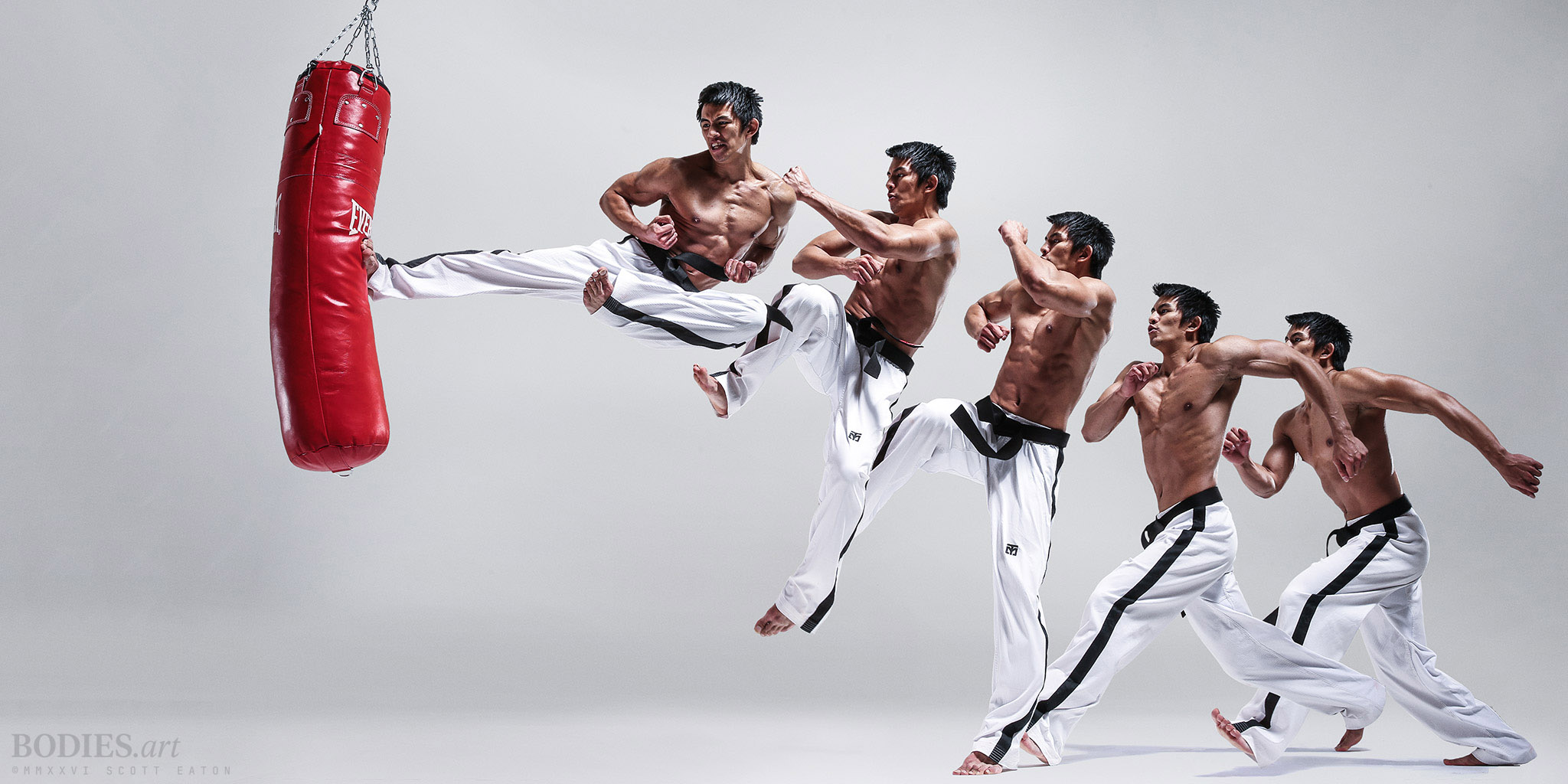 Taekwondo flying side kick — a motion sequence from wind-up through full extension against a heavy bag