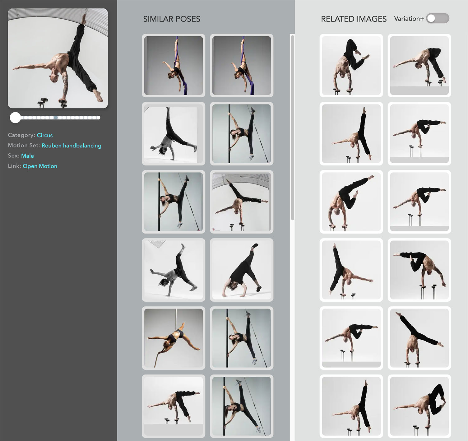 ImageExplore interface showing a starting pose, similar poses, and related images